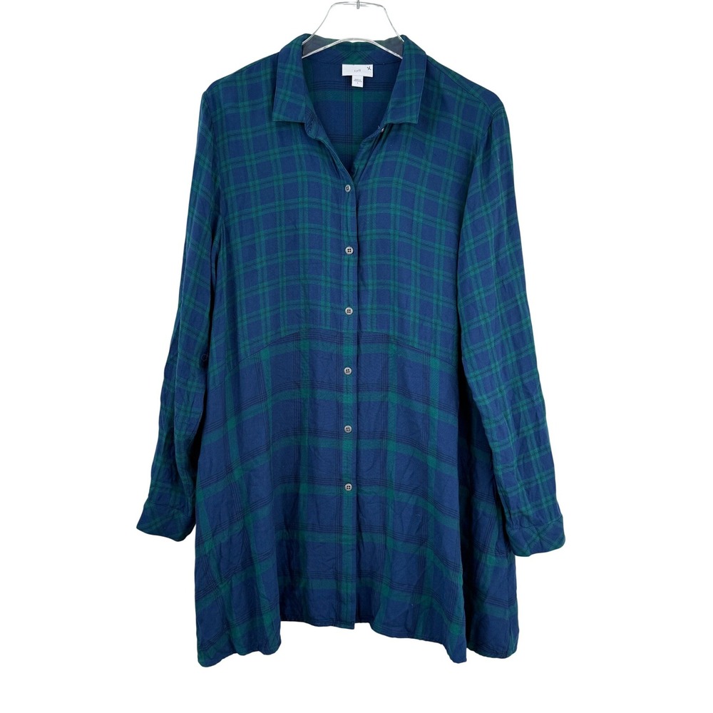 J. Jill Plaid Tunic Button Down Shirt Women L Rayon Pockets COMFORT‎